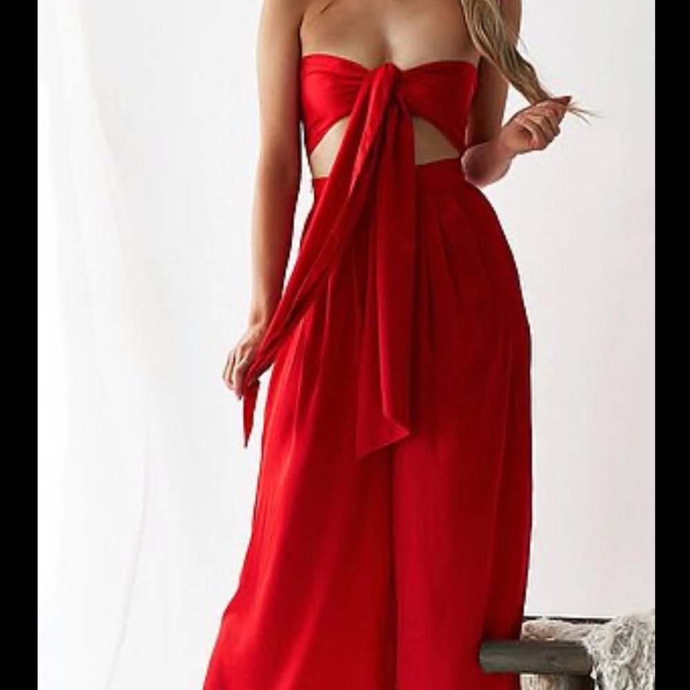 Red silky pants and scarf top set